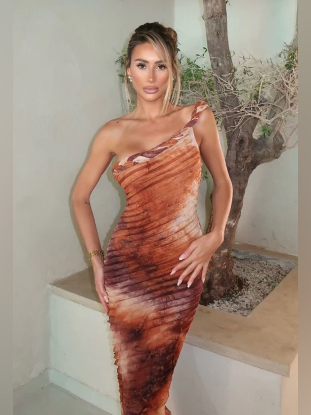 Fashion Nova One-Shoulder Tie-Dye Ribbed Maxi Dress in Brown and Cream - Picture 8 of 9